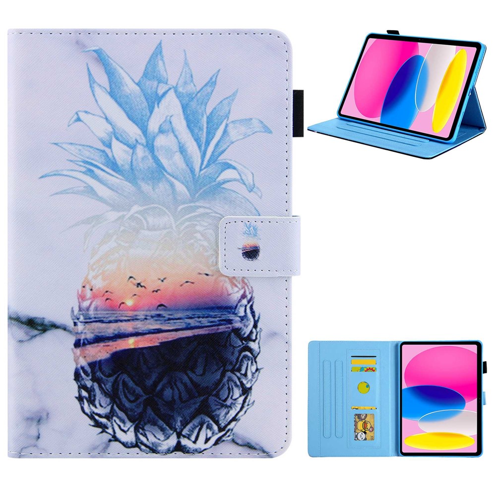 For iPad (2025) / 10.9 (2022) PU Leather Tablet Case Cross Texture Pattern Printing Card Holder Stand - Pineapple