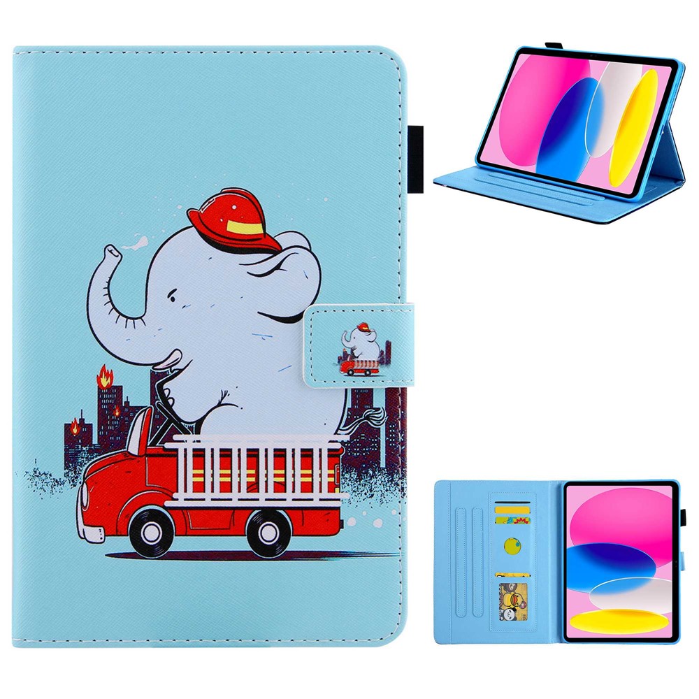 For iPad (2025) / 10.9 (2022) PU Leather Tablet Case Cross Texture Pattern Printing Card Holder Stand - Elephant