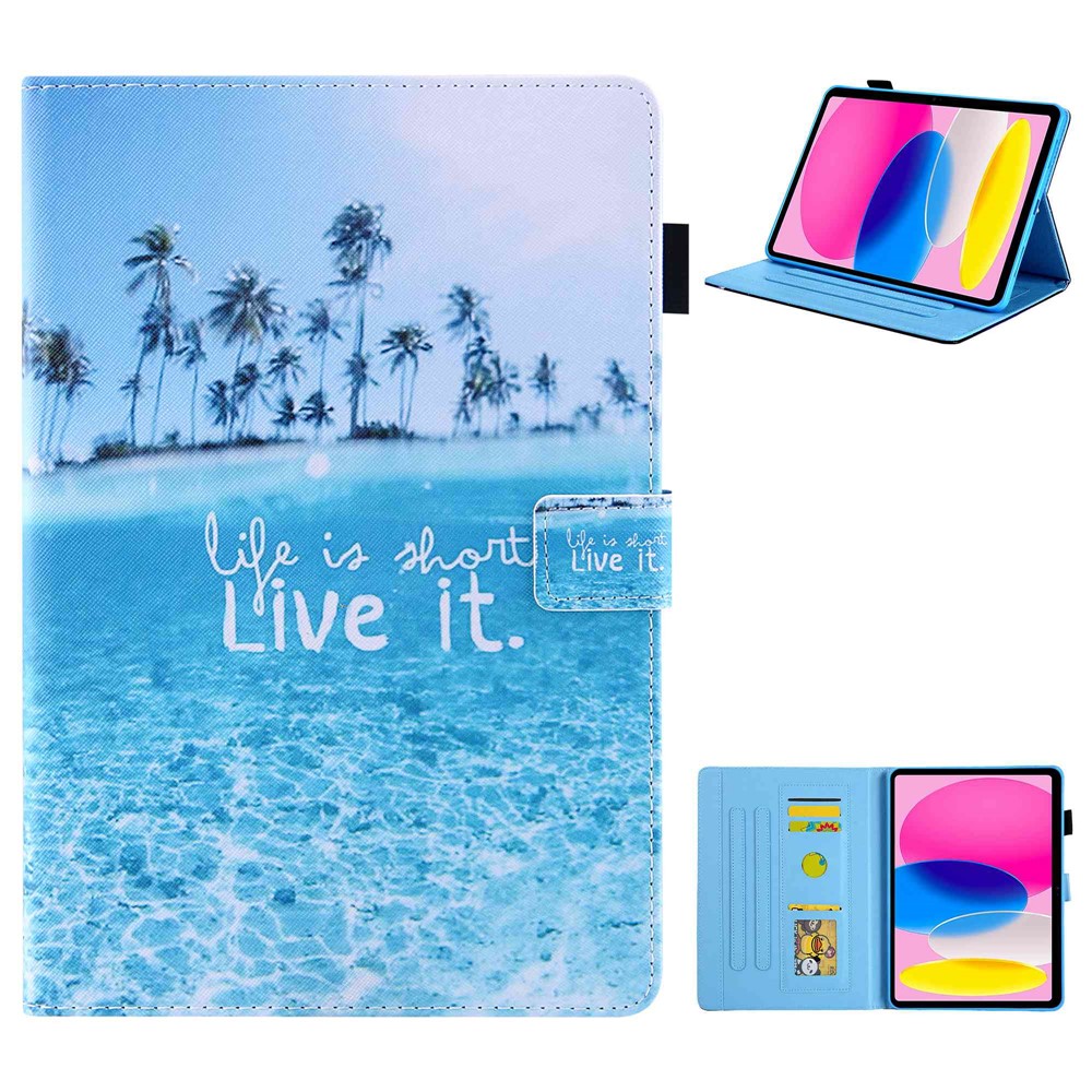 For iPad (2025) / 10.9 (2022) PU Leather Tablet Case Stand Pattern Printing Cover with Card Holder - Beach