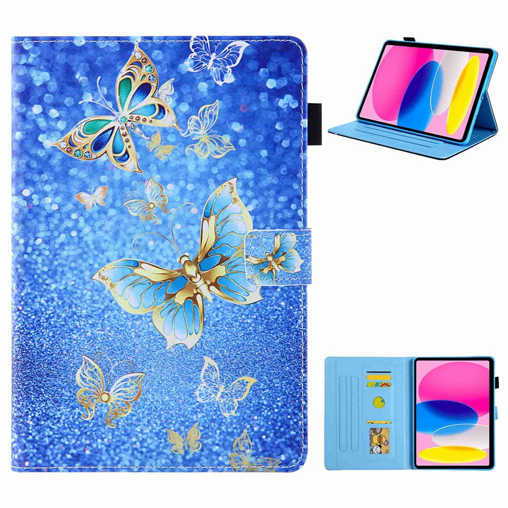 For iPad (2025) / 10.9 (2022) PU Leather Tablet Case Stand Pattern Printing Cover with Card Holder - Gold Butterfly