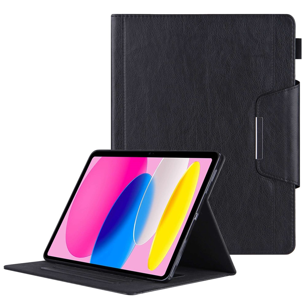 For iPad (2025) / 10.9 (2022) Tablet Cover Big Metal Buckle Wallet Stand Leather Protective Case with Pen Slot - Black
