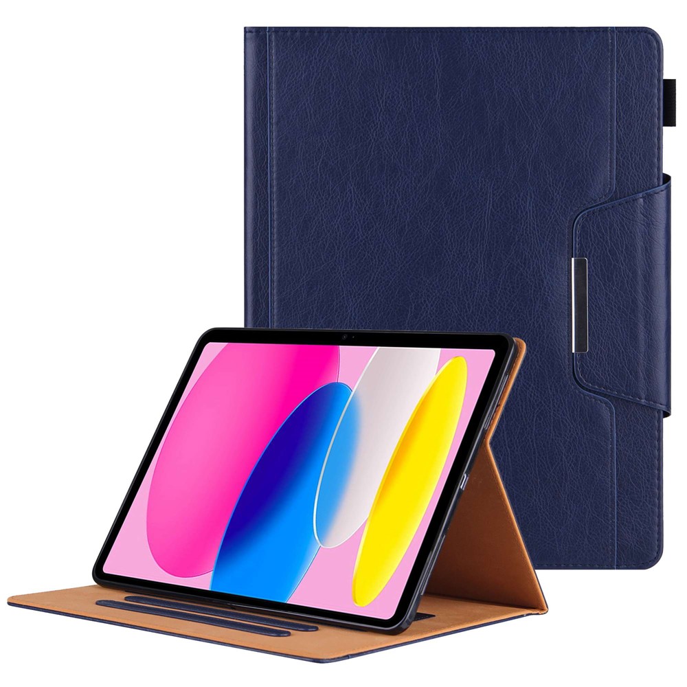 For iPad (2025) / 10.9 (2022) Tablet Cover Big Metal Buckle Wallet Stand Leather Protective Case with Pen Slot - Sapphire