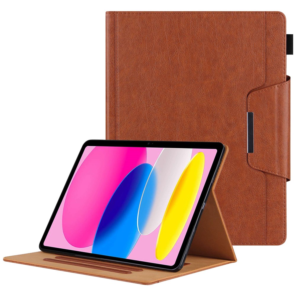 For iPad (2025) / 10.9 (2022) Tablet Cover Big Metal Buckle Wallet Stand Leather Protective Case with Pen Slot - Brown