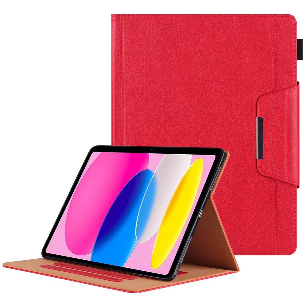 For iPad (2025) / 10.9 (2022) Tablet Cover Big Metal Buckle Wallet Stand Leather Protective Case with Pen Slot - Red
