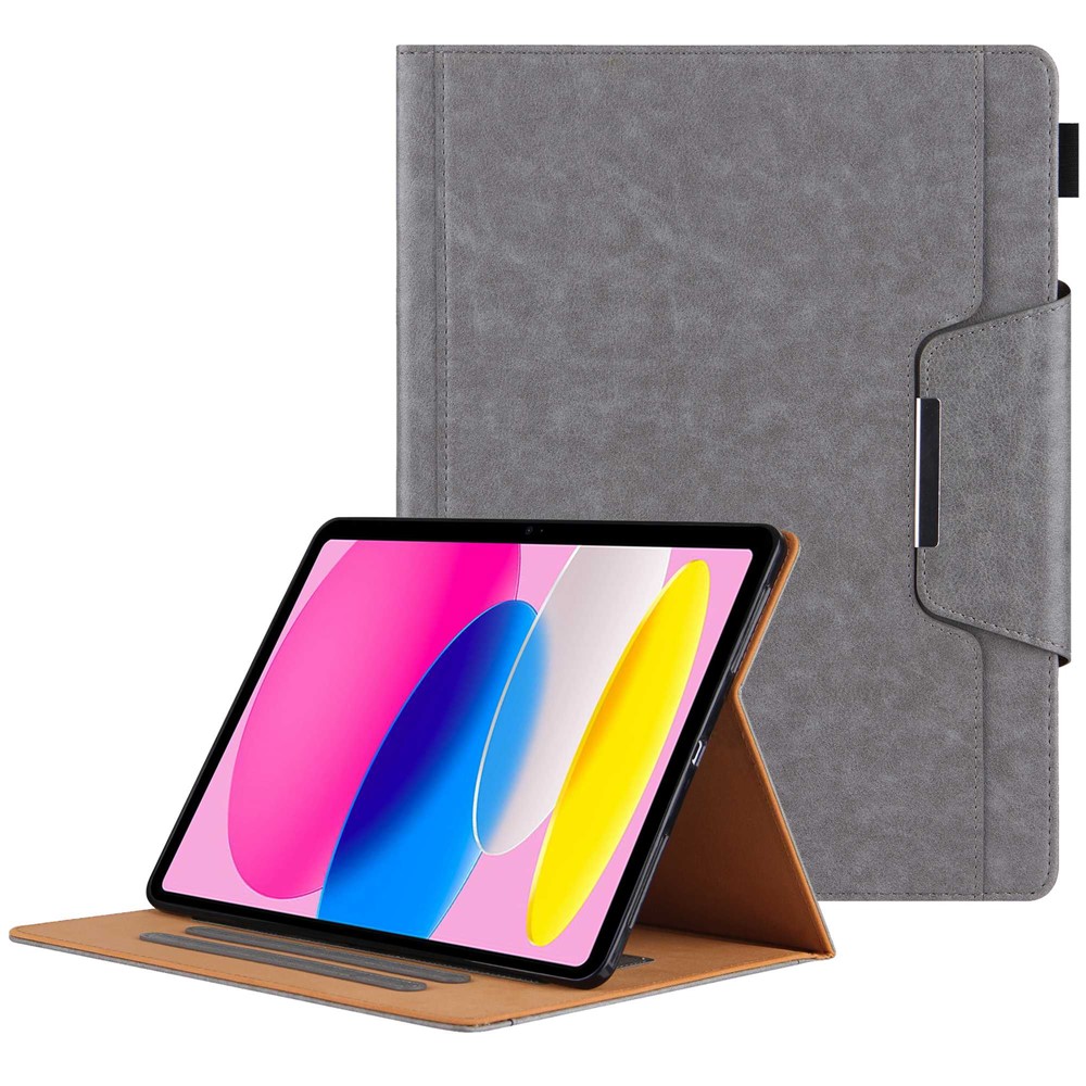 For iPad (2025) / 10.9 (2022) Tablet Cover Big Metal Buckle Wallet Stand Leather Protective Case with Pen Slot - Grey
