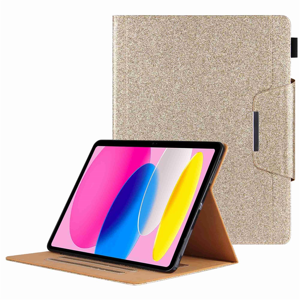 For iPad (2025) / 10.9 (2022) Tablet Cover Big Metal Buckle Wallet Stand Leather Protective Case with Pen Slot - Gold