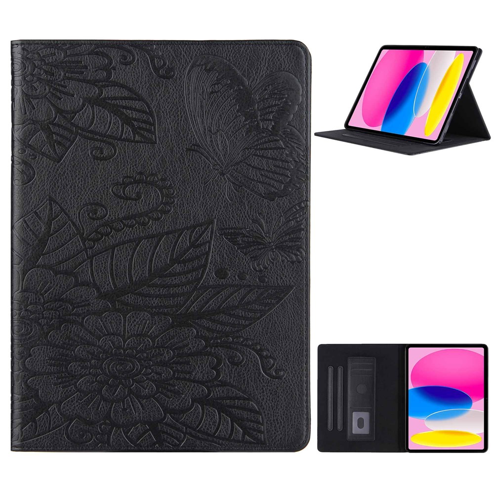 Tablet Case For iPad (2025) / 10.9 (2022) PU Leather Flower Butterfly Imprinted Tablet Stand Cover Auto Wake  /  Sleep Card Holder - Black