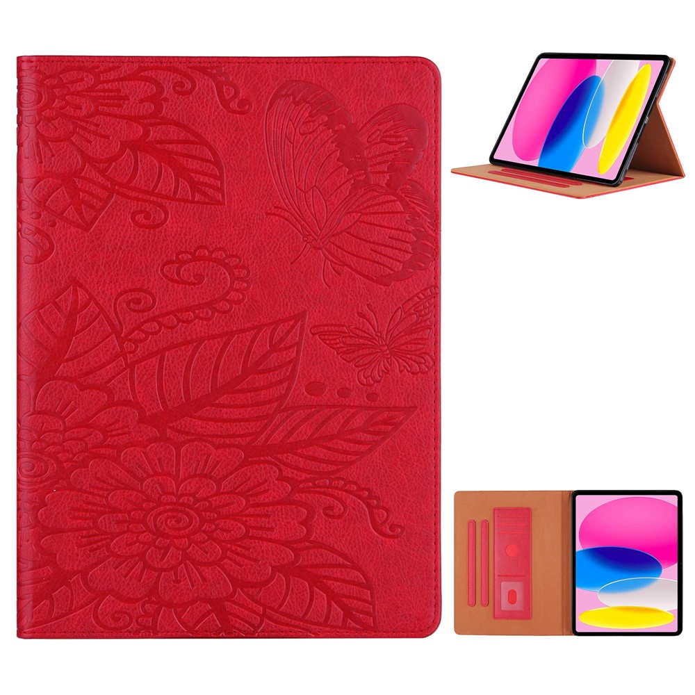 Tablet Case For iPad (2025) / 10.9 (2022) PU Leather Flower Butterfly Imprinted Tablet Stand Cover Auto Wake  /  Sleep Card Holder - Red