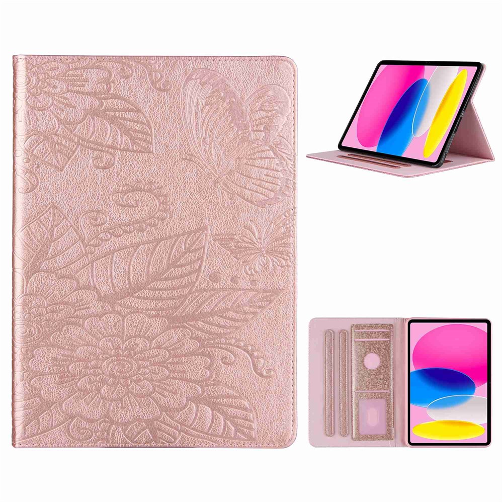 Tablet Case For iPad (2025) / 10.9 (2022) PU Leather Flower Butterfly Imprinted Tablet Stand Cover Auto Wake  /  Sleep Card Holder - Rose Gold