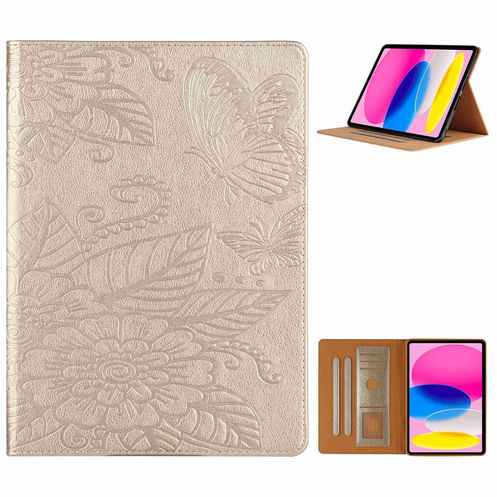 Tablet Case For iPad (2025) / 10.9 (2022) PU Leather Flower Butterfly Imprinted Tablet Stand Cover Auto Wake / Sleep Card Holder - Gold