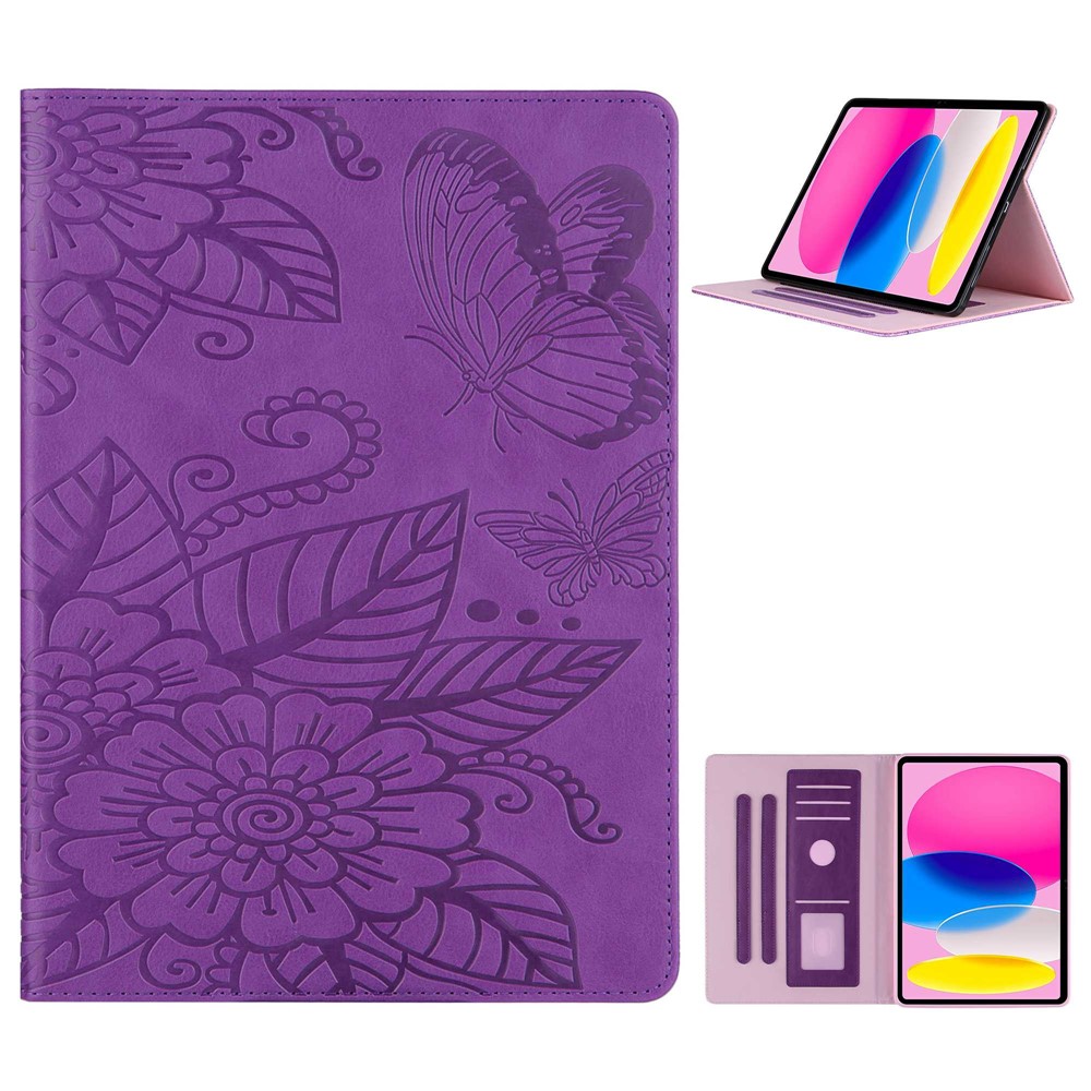 Tablet Case For iPad (2025) / 10.9 (2022) PU Leather Flower Butterfly Imprinted Tablet Stand Cover Auto Wake / Sleep Card Holder - Purple
