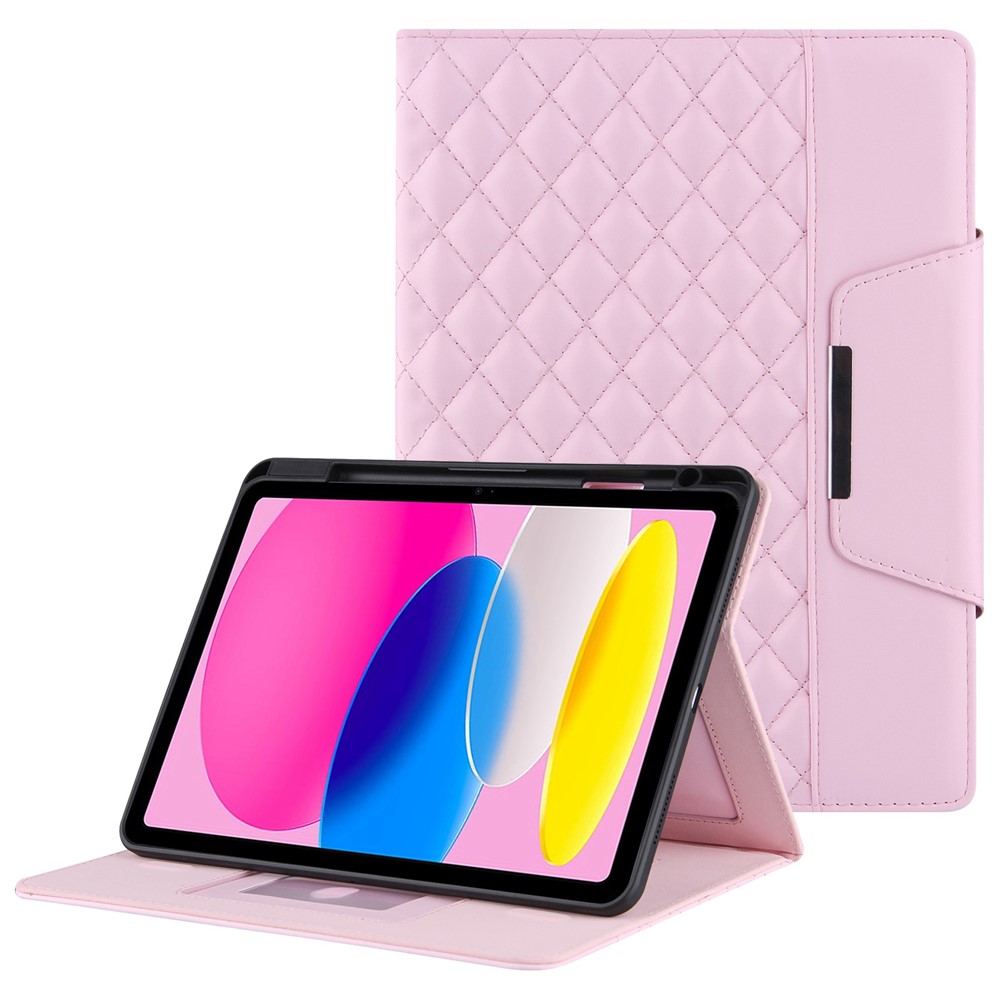 For iPad (2025) / 10.9 (2022) Full Protection Tablet Cover Stand Big Metal Buckle Rhombus Texture Leather Drop-Proof Tablet Case - Pink