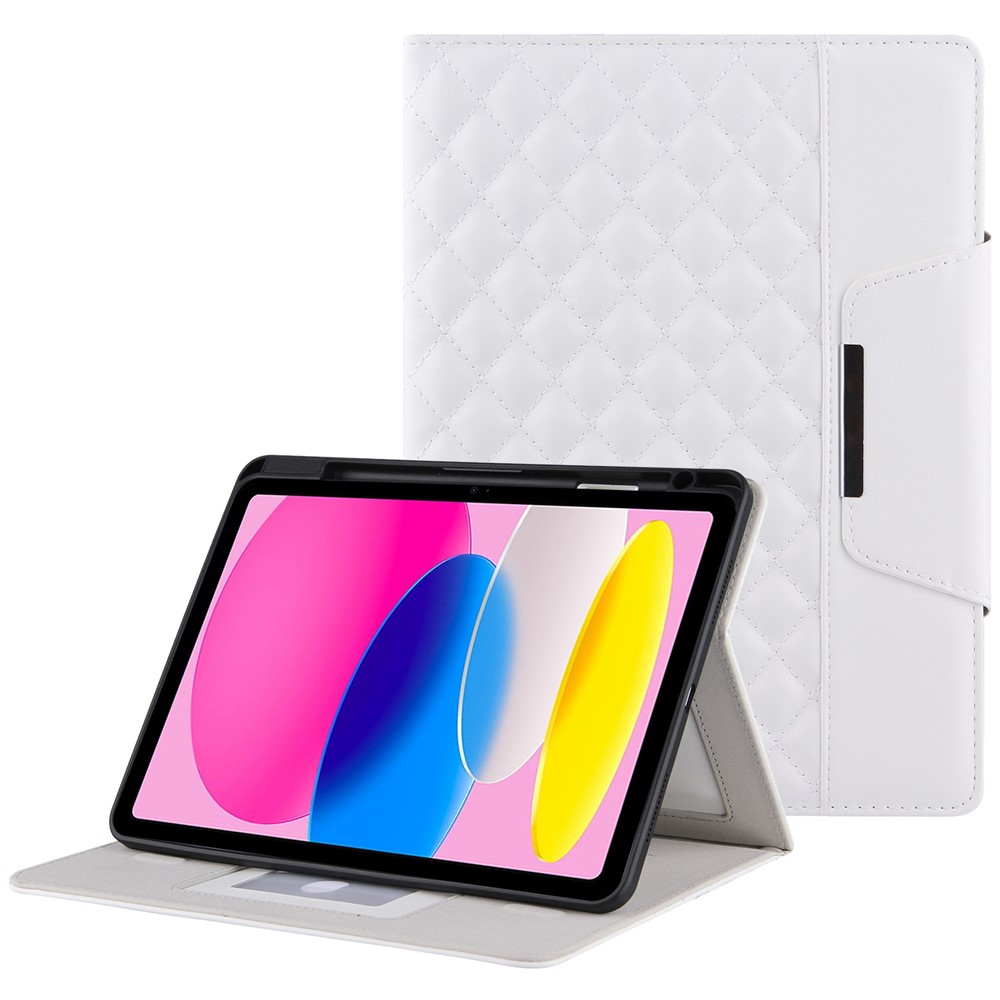 For iPad (2025) / 10.9 (2022) Full Protection Tablet Cover Stand Big Metal Buckle Rhombus Texture Leather Drop-Proof Tablet Case - White