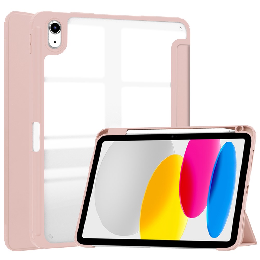 For iPad (2025) / 10.9 (2022) Shockproof Tablet Case PU Leather + TPU + Acrylic Anti-Drop Protective Cover with Stand / Pen Slot - Rose Gold