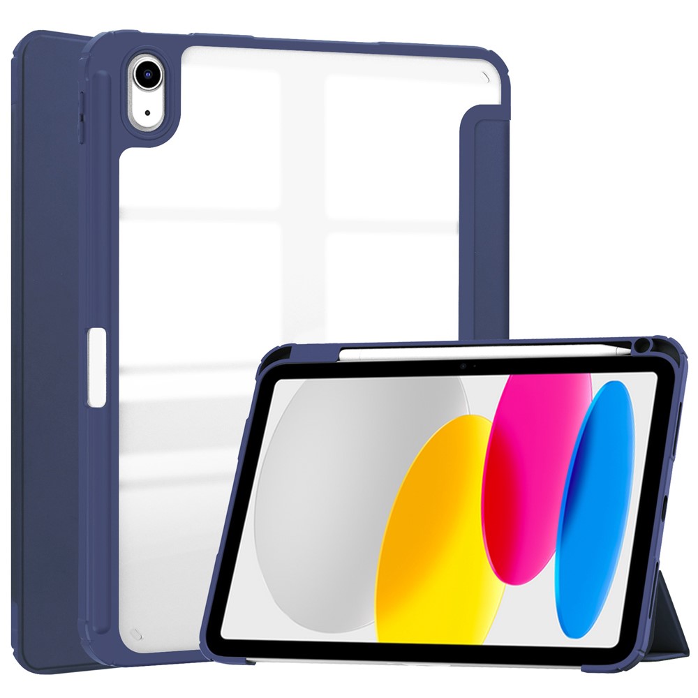 For iPad (2025) / 10.9 (2022) Shockproof Tablet Case PU Leather + TPU + Acrylic Anti-Drop Protective Cover with Stand / Pen Slot - Dark Blue