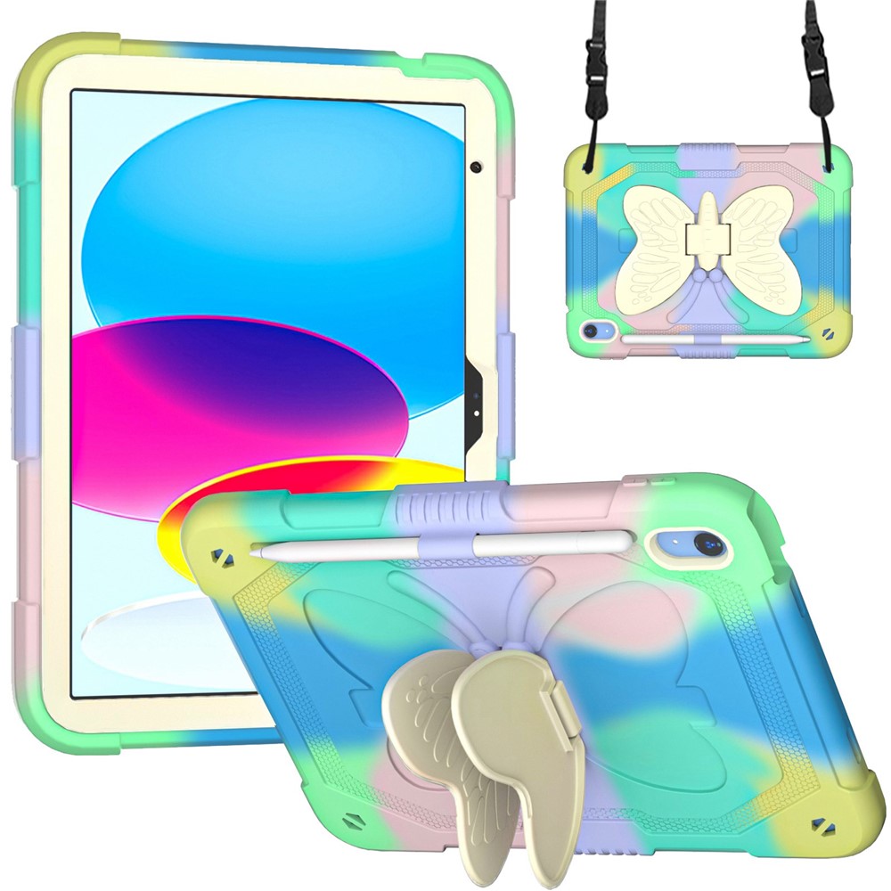 For iPad (2025) / 10.9 (2022) Silicone + PC Tablet Case Butterfly Shape Kickstand Anti-Drop Protective Cover with Shoulder Strap - Colorful Green