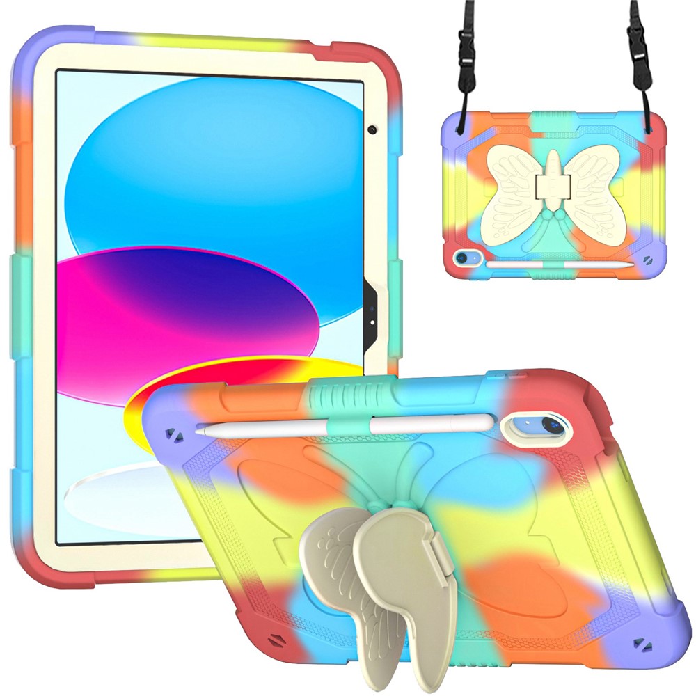 For iPad (2025) / 10.9 (2022) Silicone + PC Tablet Case Butterfly Shape Kickstand Anti-Drop Protective Cover with Shoulder Strap - Colorful Red