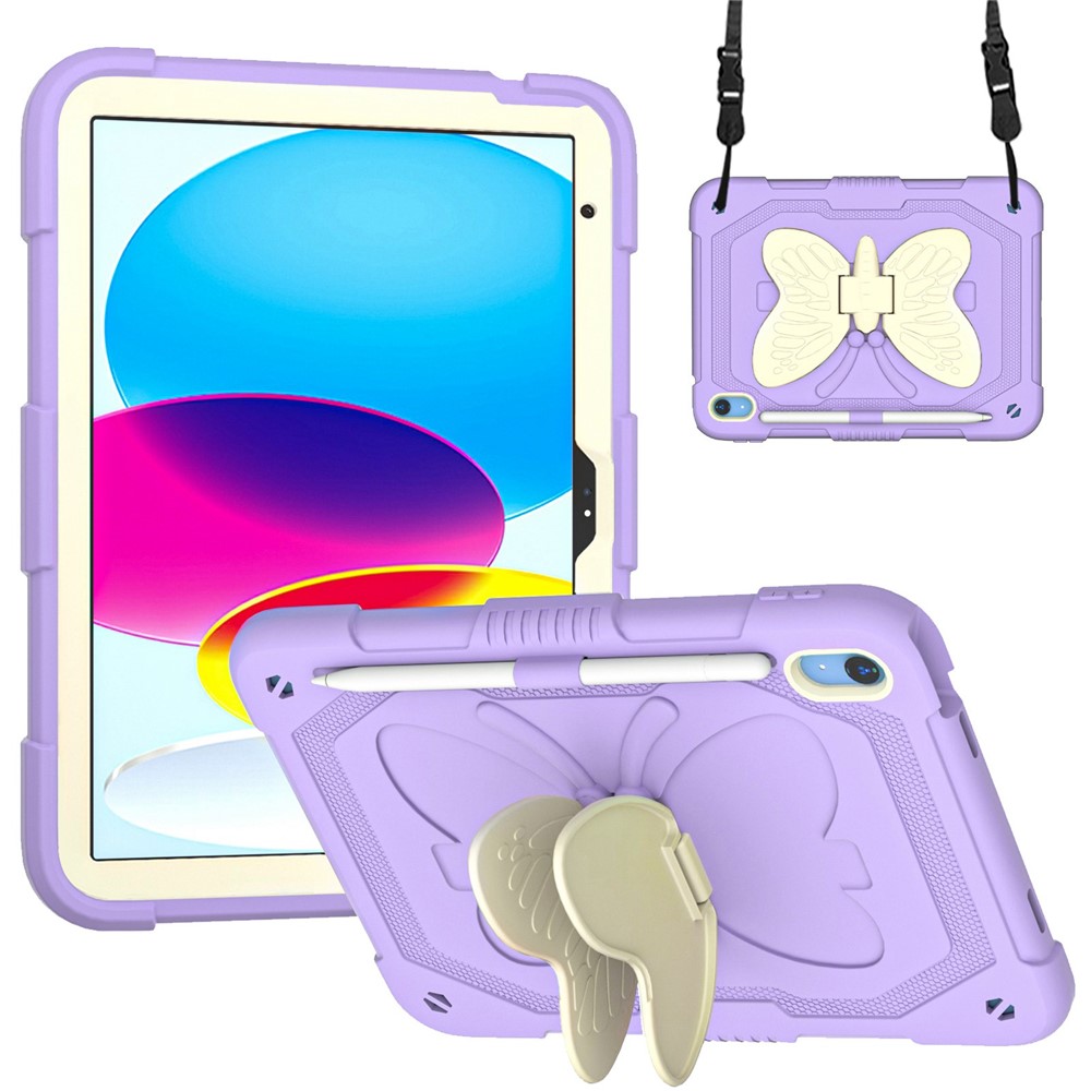For iPad (2025) / 10.9 (2022) Silicone + PC Tablet Case Butterfly Shape Kickstand Anti-Drop Protective Cover with Shoulder Strap - Beige / Purple