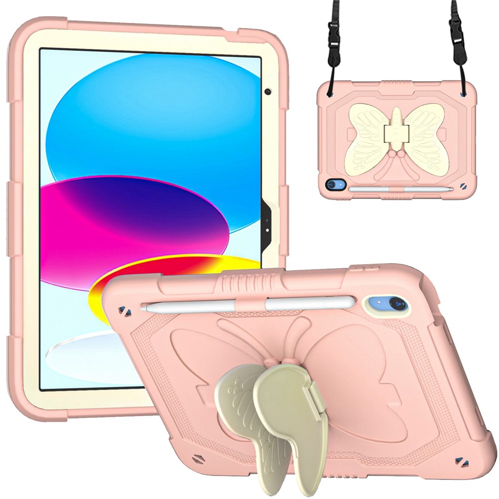 For iPad (2025) / 10.9 (2022) Silicone + PC Tablet Case Butterfly Shape Kickstand Anti-Drop Protective Cover with Shoulder Strap - Beige / Rose Pink