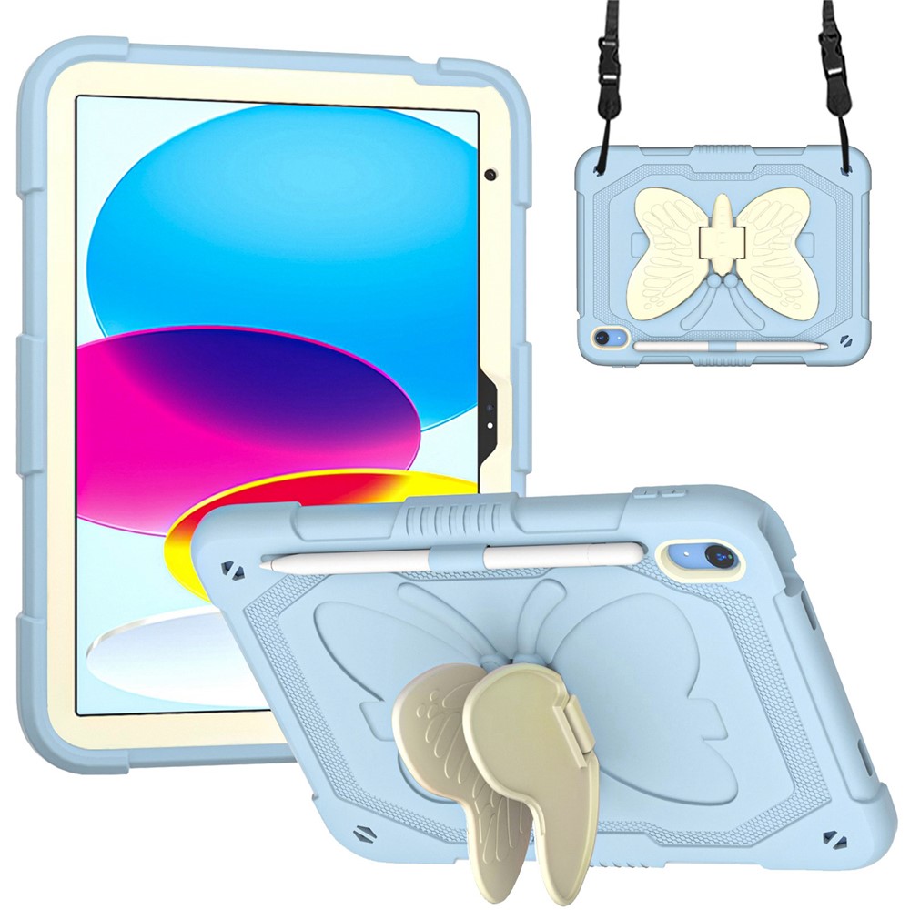 For iPad (2025) / 10.9 (2022) Silicone + PC Tablet Case Butterfly Shape Kickstand Anti-Drop Protective Cover with Shoulder Strap - Beige / Blue