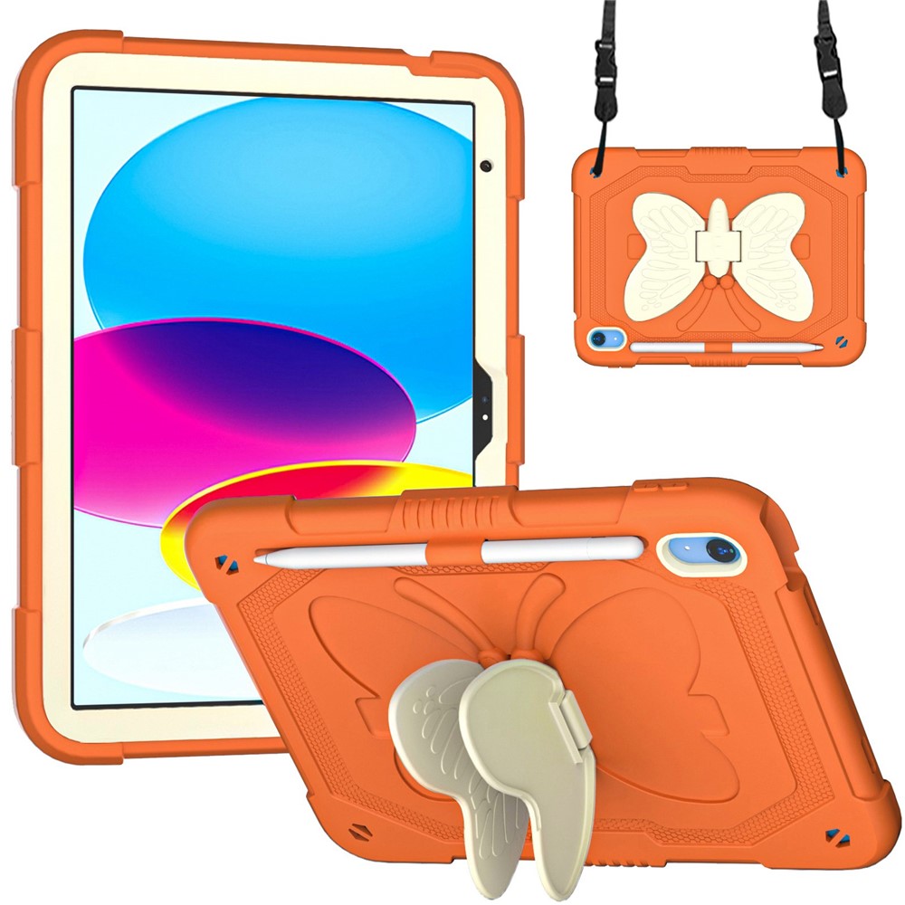 For iPad (2025) / 10.9 (2022) Silicone + PC Tablet Case Butterfly Shape Kickstand Anti-Drop Protective Cover with Shoulder Strap - Beige / Orange