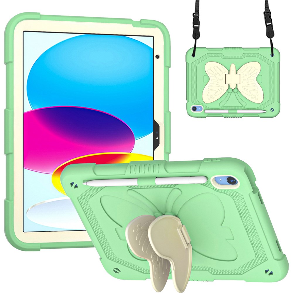 For iPad (2025) / 10.9 (2022) Silicone + PC Tablet Case Butterfly Shape Kickstand Anti-Drop Protective Cover with Shoulder Strap - Beige / Green