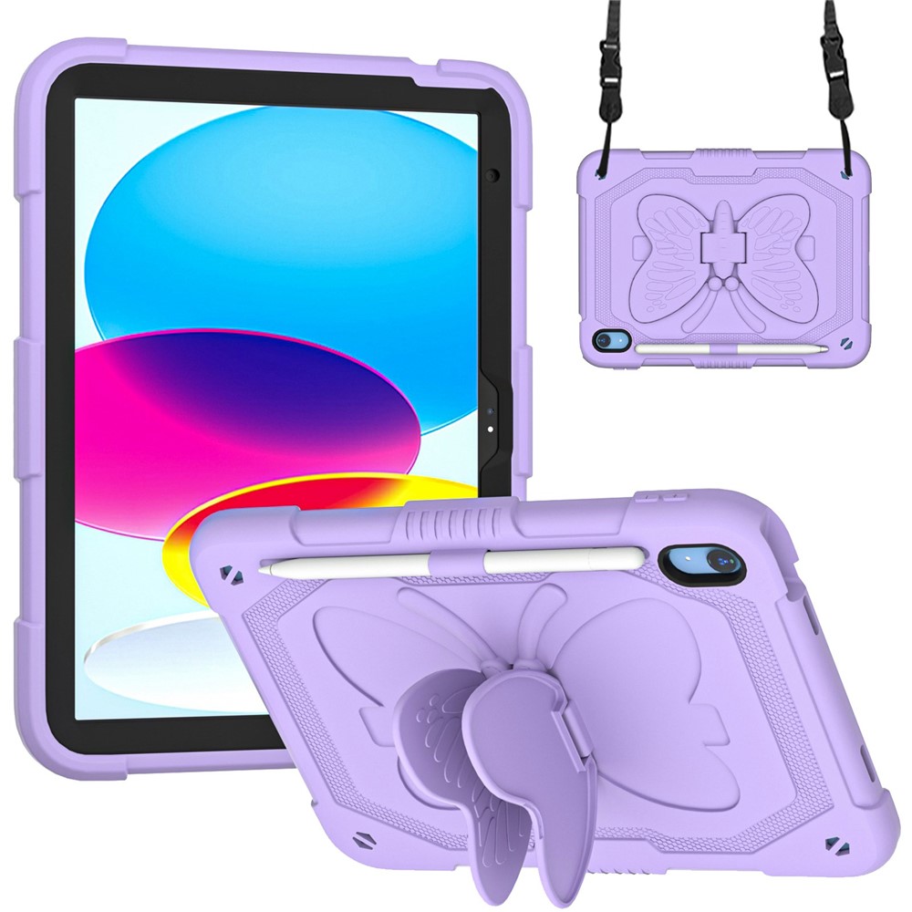 For iPad (2025)/10.9 (2022) Case Butterfly Shape Kickstand Silicone + PC Tablet Cover with Shoulder Strap - Purple