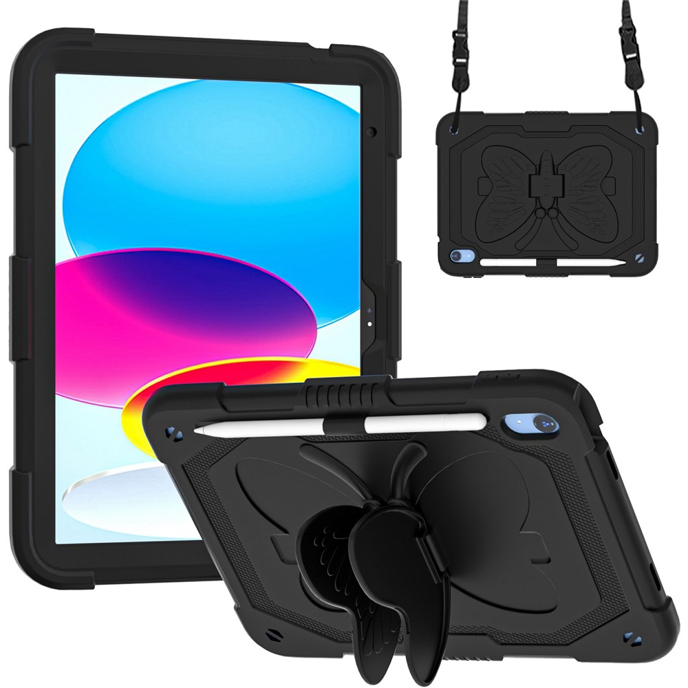 For iPad (2025)/10.9 (2022) Case Butterfly Shape Kickstand Silicone + PC Tablet Cover with Shoulder Strap - Black