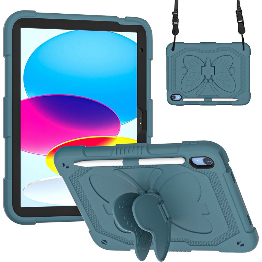 For iPad (2025)/10.9 (2022) Case Butterfly Shape Kickstand Silicone + PC Tablet Cover with Shoulder Strap - Blackish Green