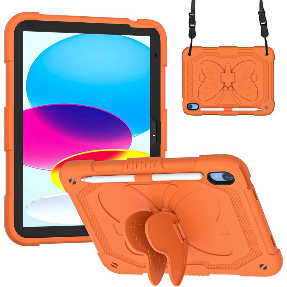 For iPad (2025) / 10.9 (2022) Case Butterfly Shape Kickstand Silicone + PC Tablet Cover with Shoulder Strap - Orange