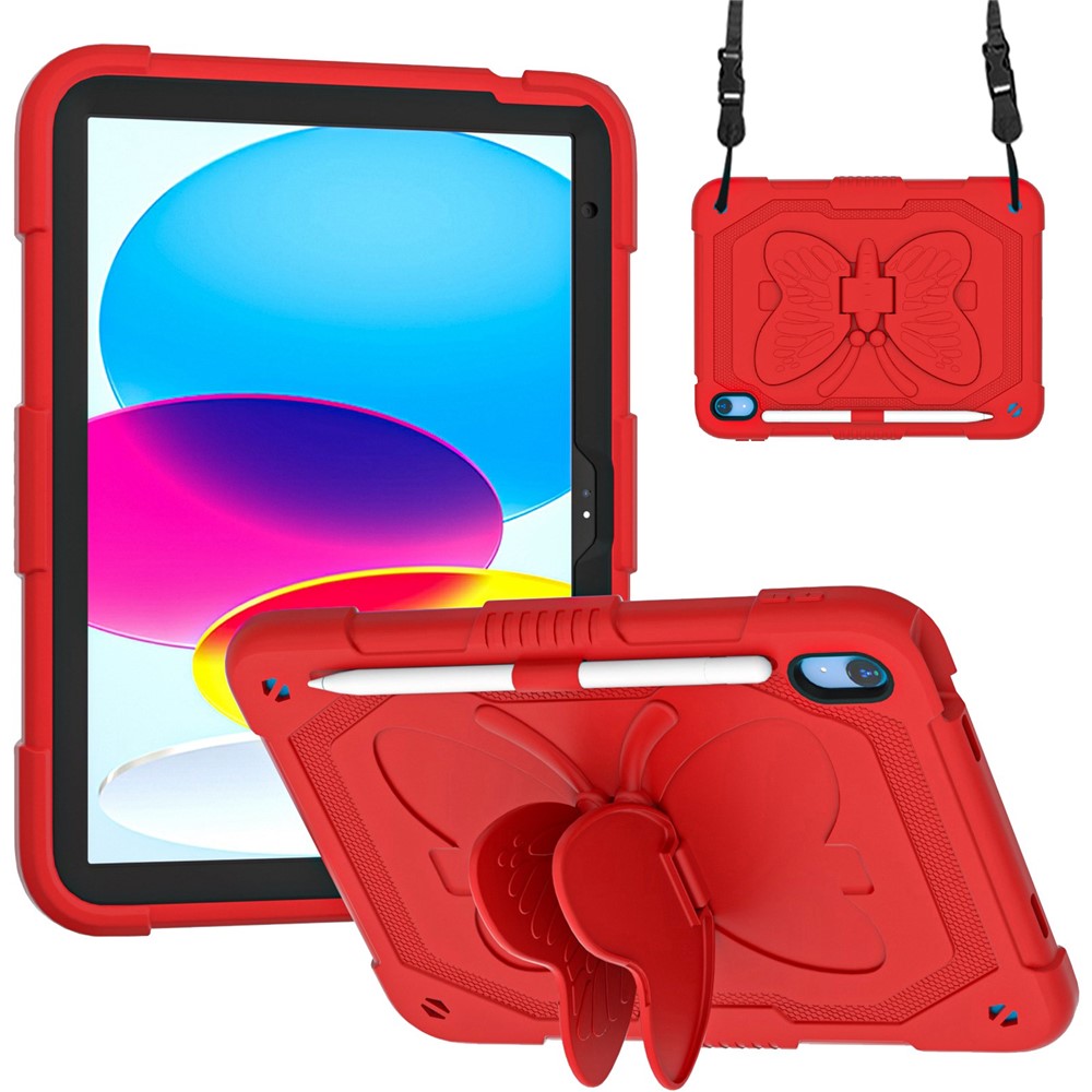 For iPad (2025)/10.9 (2022) Case Butterfly Shape Kickstand Silicone + PC Tablet Cover with Shoulder Strap - Red
