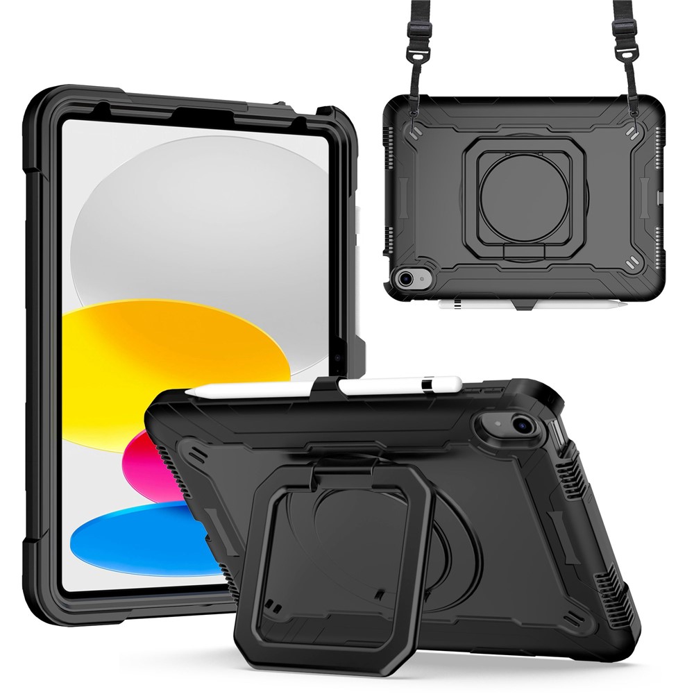 For iPad (2025) / iPad 10.9 (2022) Silicone PC Tablet Case Rotating Handle Kickstand Cover with Shoulder Strap - Black