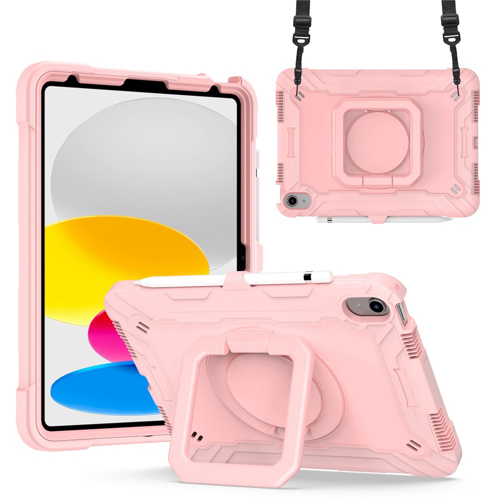 For iPad (2025) / iPad 10.9 (2022) Silicone PC Tablet Case Rotating Handle Kickstand Cover with Shoulder Strap - Rose Gold