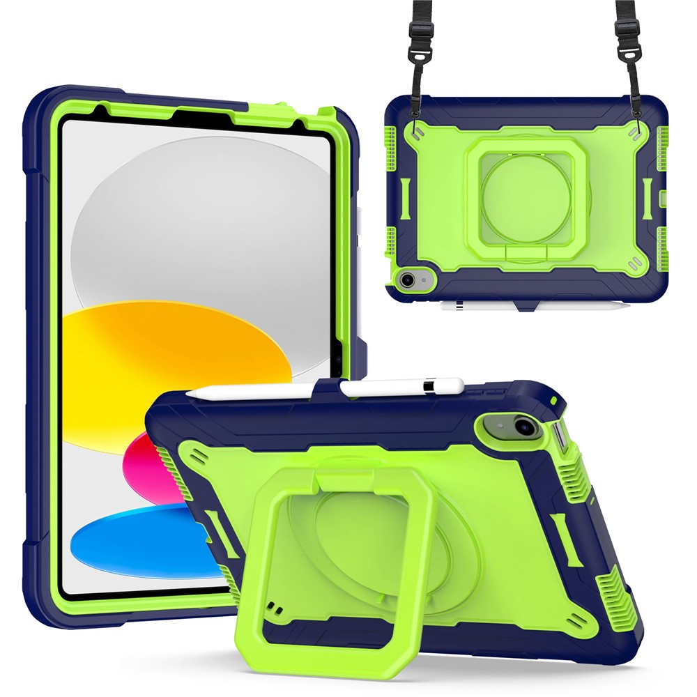 For iPad (2025) / iPad 10.9 (2022) Silicone PC Tablet Case Rotating Handle Kickstand Cover with Shoulder Strap - Navy Blue / Yellow Green
