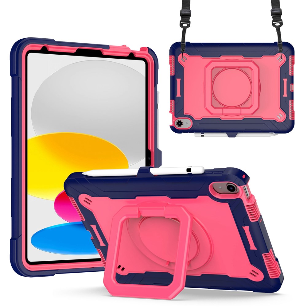 For iPad (2025) / iPad 10.9 (2022) Silicone PC Tablet Case Rotating Handle Kickstand Cover with Shoulder Strap - Navy Blue / Rose