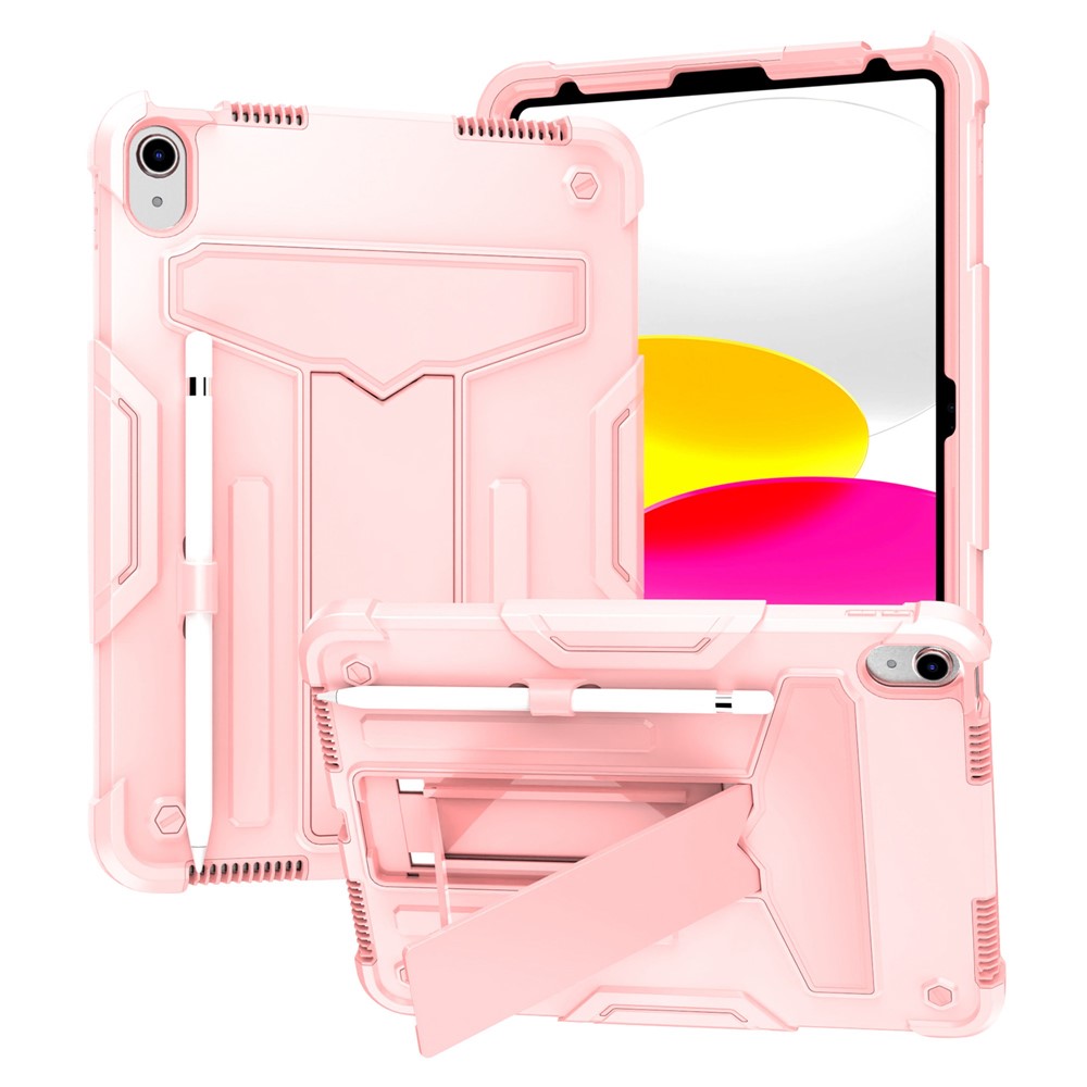 For iPad (2025) / iPad 10.9 (2022) Protective Case Hard PC Silicone Tablet Case Foldable T-Shaped Kickstand Shockproof Cover - Rose Gold