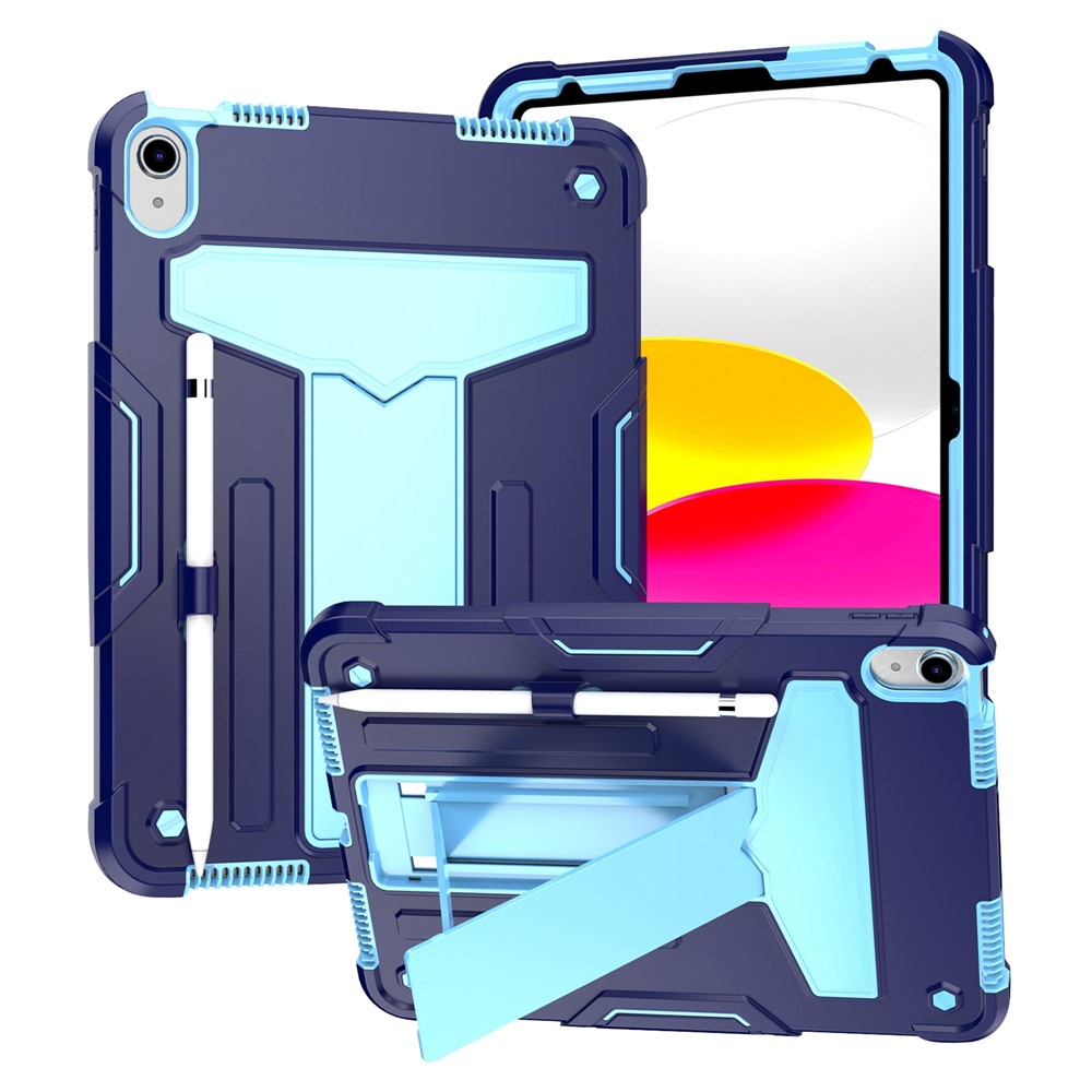 For iPad (2025) / iPad 10.9 (2022) Protective Case Hard PC Silicone Tablet Case Foldable T-Shaped Kickstand Shockproof Cover - Navy Blue / Blue