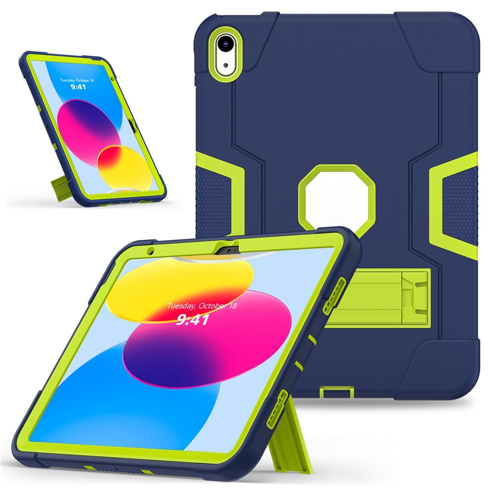 For iPad (2025) / 10.9 (2022) Robot Style Silicone + PC Tablet Case Color Contrast Anti-Fall Kickstand Protective Case - Navy Blue  /  Yellowgreen