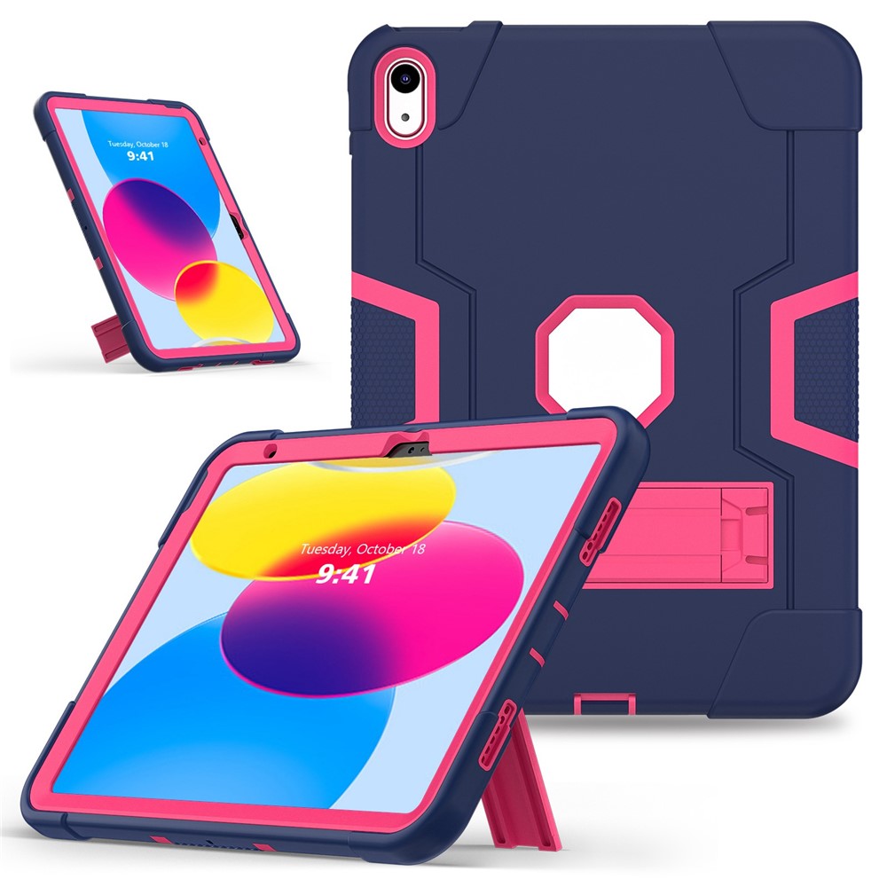 For iPad (2025) / 10.9 (2022) Robot Style Silicone + PC Tablet Case Color Contrast Anti-Fall Kickstand Protective Case - Navy Blue / Rose