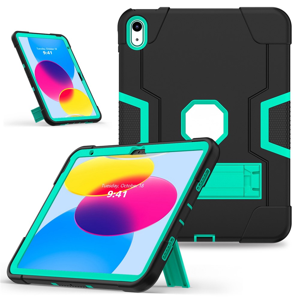 For iPad (2025) / 10.9 (2022) Robot Style Silicone + PC Tablet Case Color Contrast Anti-Fall Kickstand Protective Case - Black / Mint Green