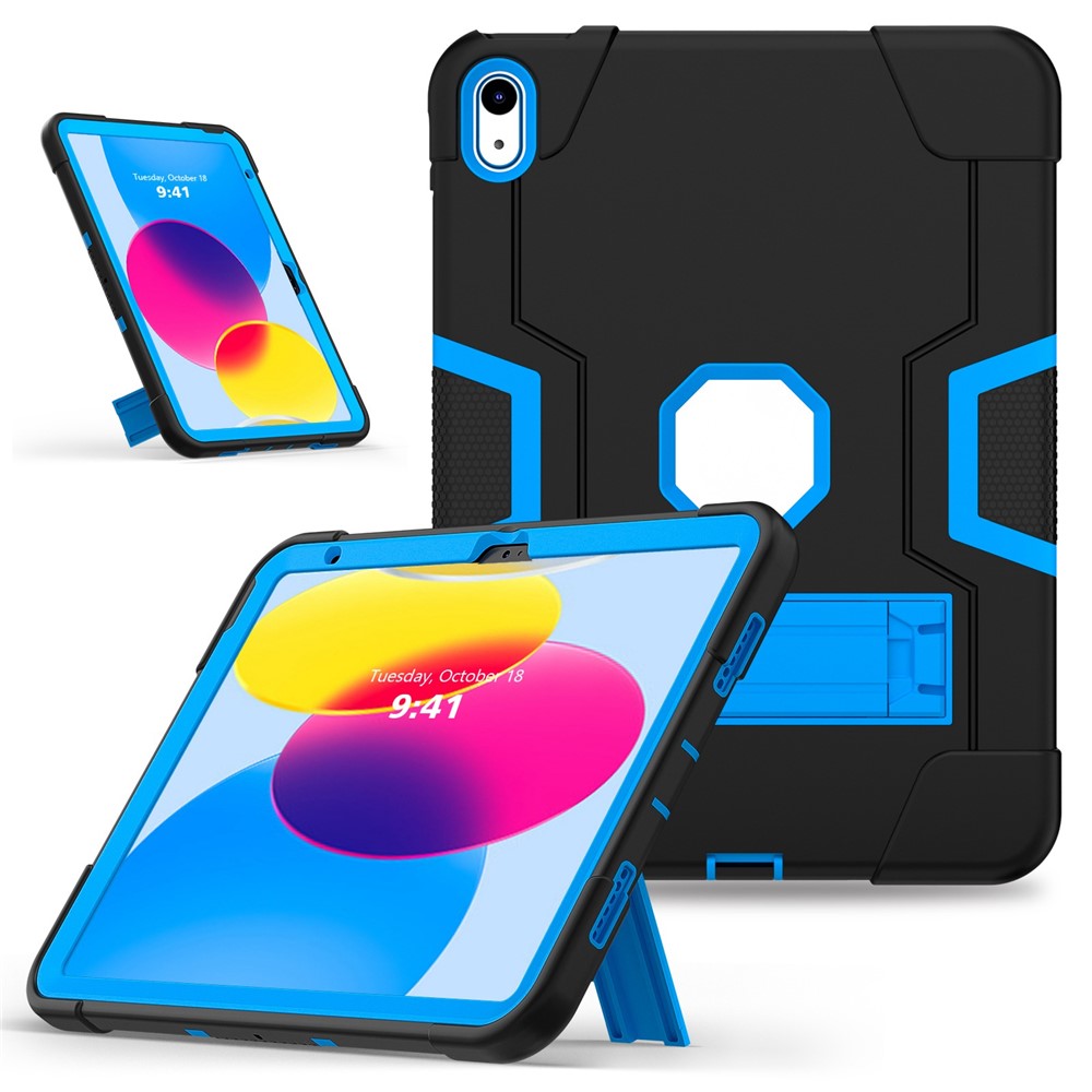 For iPad (2025) / 10.9 (2022) Robot Style Silicone + PC Tablet Case Color Contrast Anti-Fall Kickstand Protective Case - Black / Blue