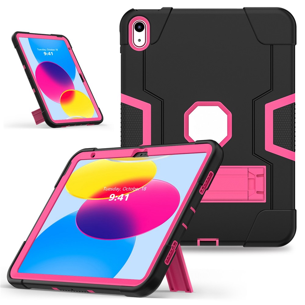 For iPad (2025) / 10.9 (2022) Robot Style Silicone + PC Tablet Case Color Contrast Anti-Fall Kickstand Protective Case - Black / Rose