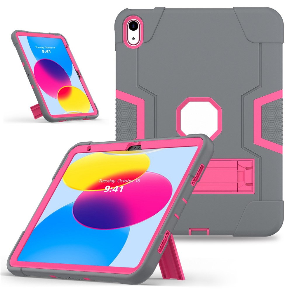 For iPad (2025) / 10.9 (2022) Robot Style Silicone + PC Tablet Case Color Contrast Anti-Fall Kickstand Protective Case - Grey / Rose