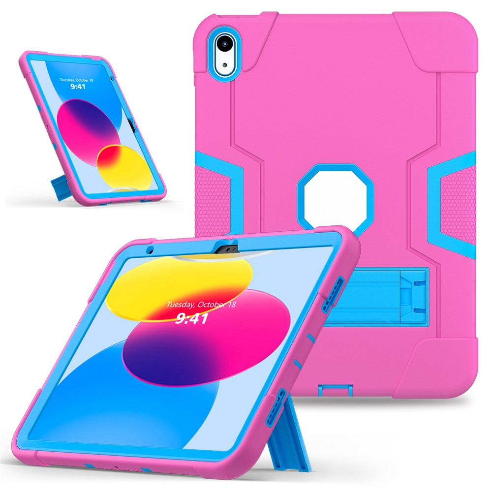 For iPad (2025) / 10.9 (2022) Robot Style Silicone + PC Tablet Case Color Contrast Anti-Fall Kickstand Protective Case - Rose / Blue