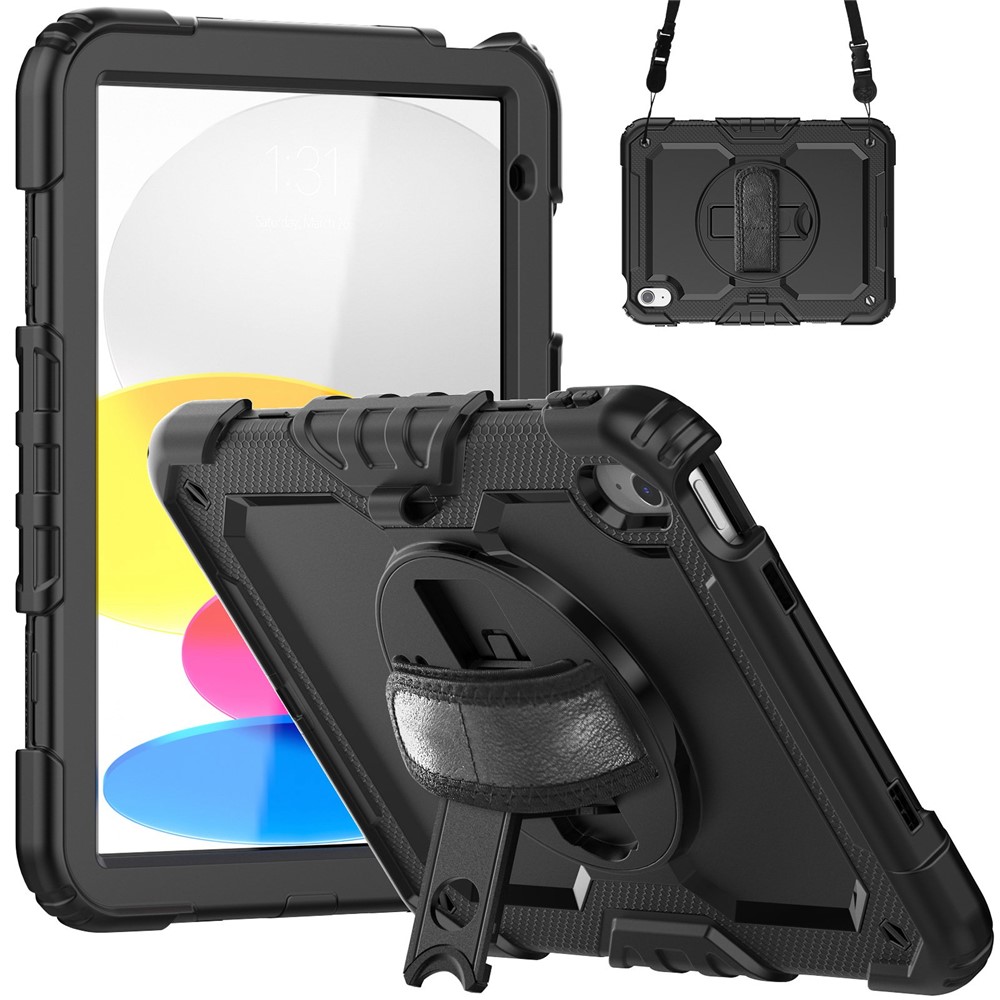 For iPad (2025)/10.9 (2022) Tablet Case Hand Strap Kickstand Silicone + PC Cover with Shoulder Strap - Black