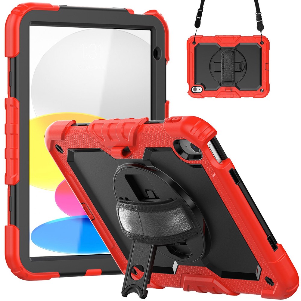 For iPad (2025)/10.9 (2022) Tablet Case Hand Strap Kickstand Silicone + PC Cover with Shoulder Strap - Red