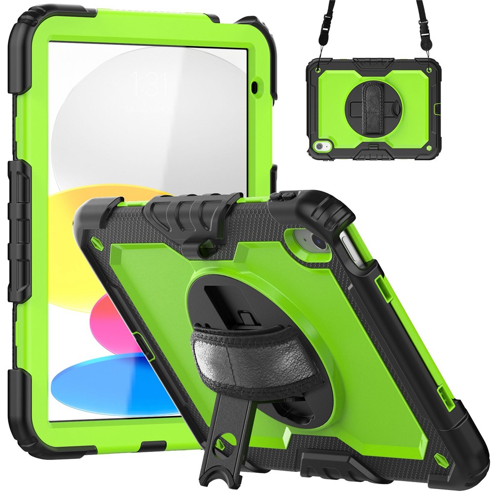 For iPad (2025)/10.9 (2022) Tablet Case Hand Strap Kickstand Silicone + PC Cover with Shoulder Strap - Yellowgreen PC  /  Black