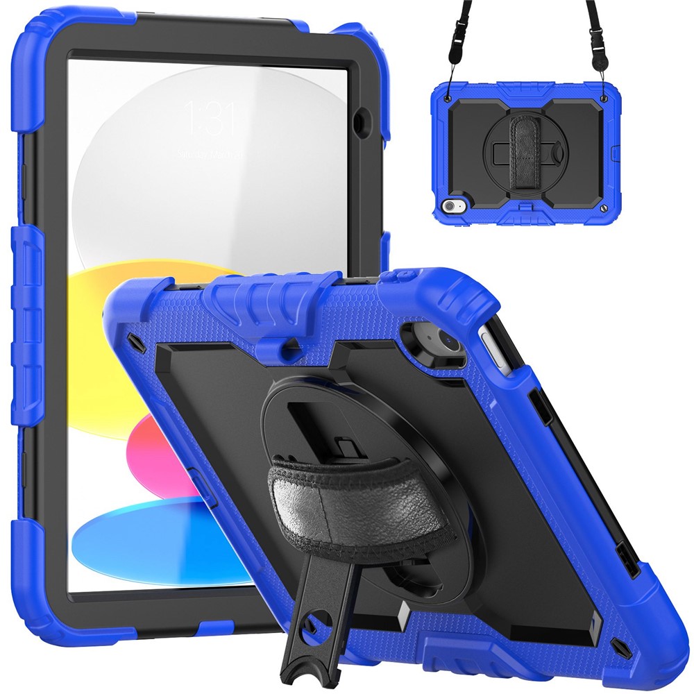 For iPad (2025)/10.9 (2022) Tablet Case Hand Strap Kickstand Silicone + PC Cover with Shoulder Strap - Blue