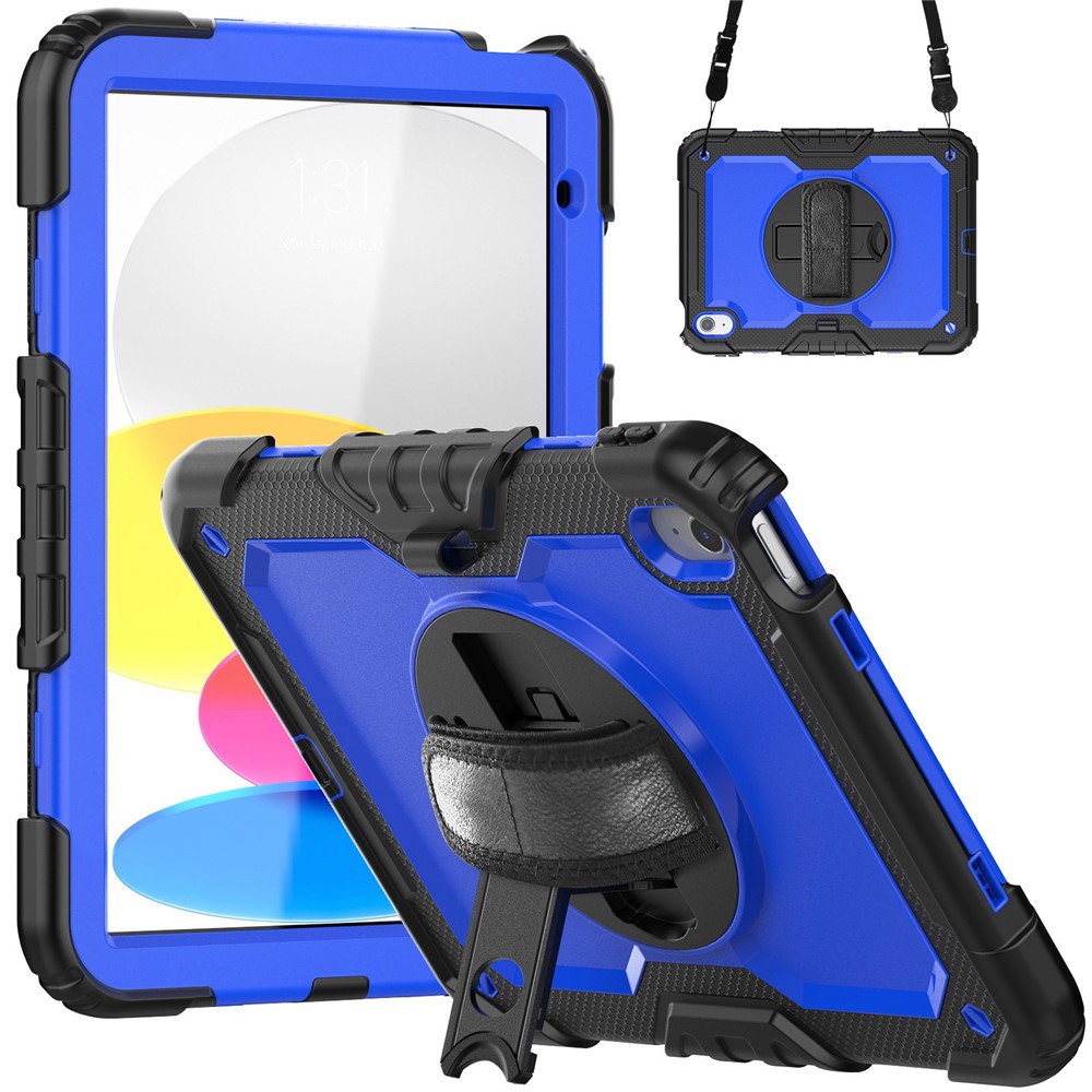 For iPad (2025)/10.9 (2022) Tablet Case Hand Strap Kickstand Silicone + PC Cover with Shoulder Strap - Blue PC / Black