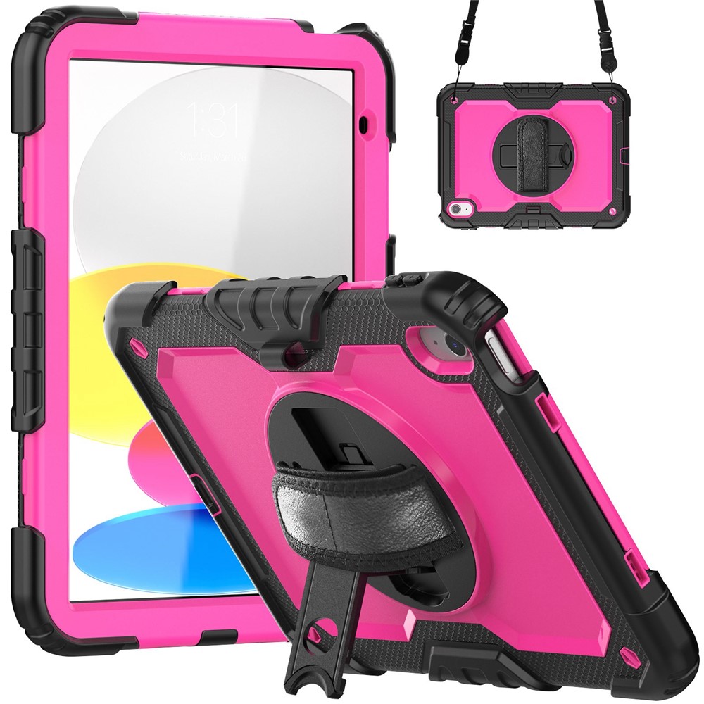 For iPad (2025)/10.9 (2022) Tablet Case Hand Strap Kickstand Silicone + PC Cover with Shoulder Strap - Rose PC / Black